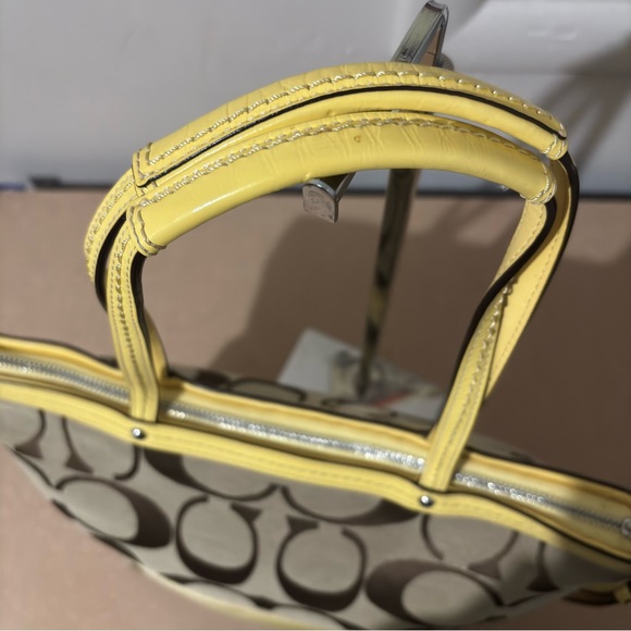 Coach Signature Canvas Yellow Stripe Leather Trim Shoulder Tote Trapezoid Bag - Picture 7 of 15